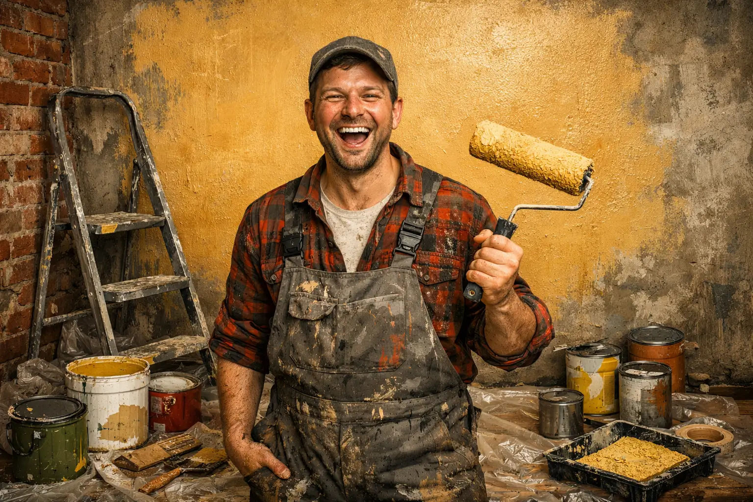 person happy painting wall with roller during home renovation