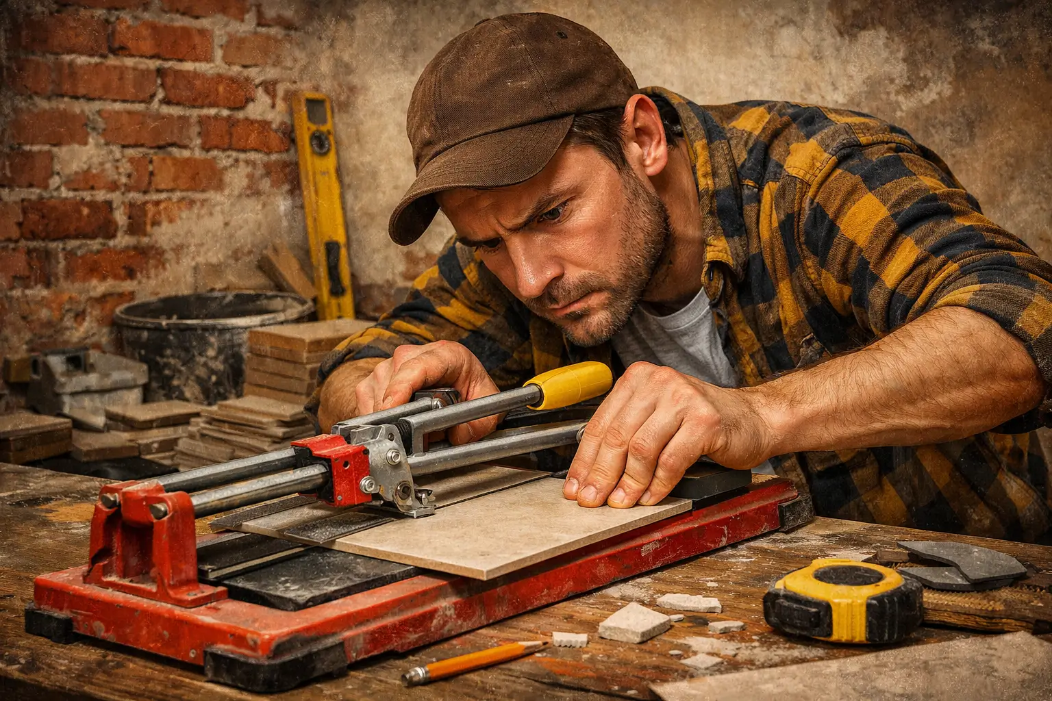 worker cutting ceramic tile with tile cutter