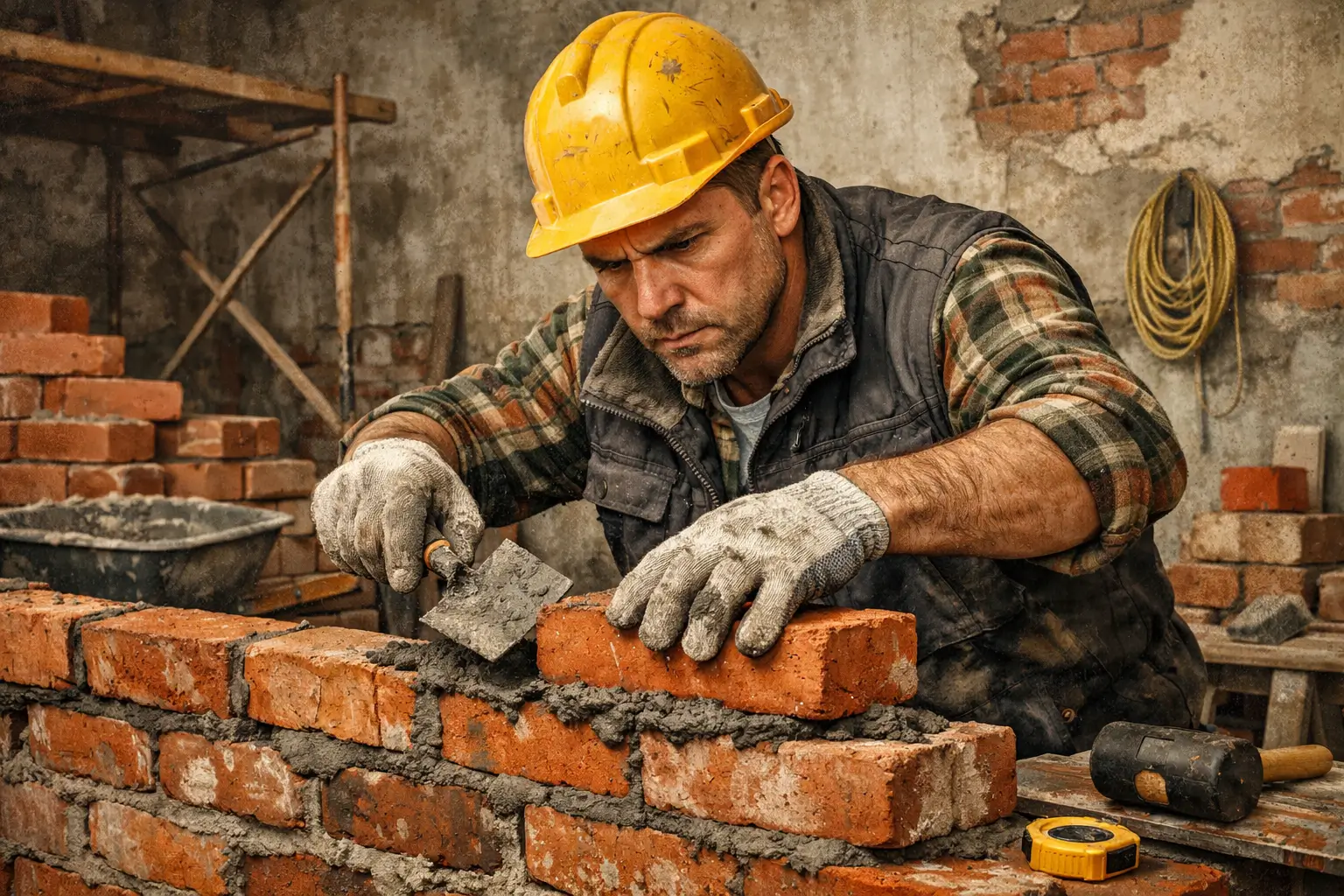 builder laying bricks during wall construction