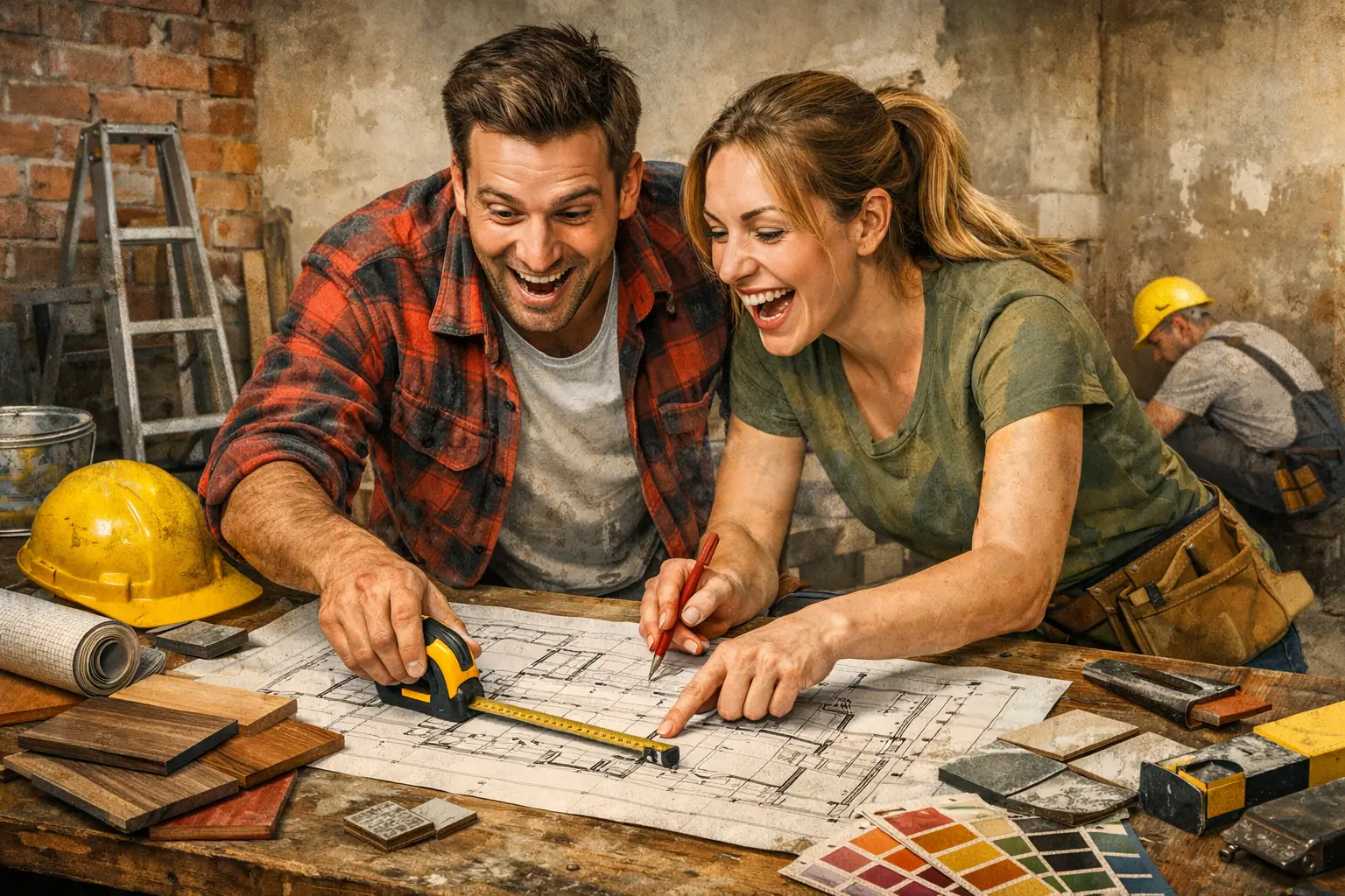 couple planning home renovation with blueprint