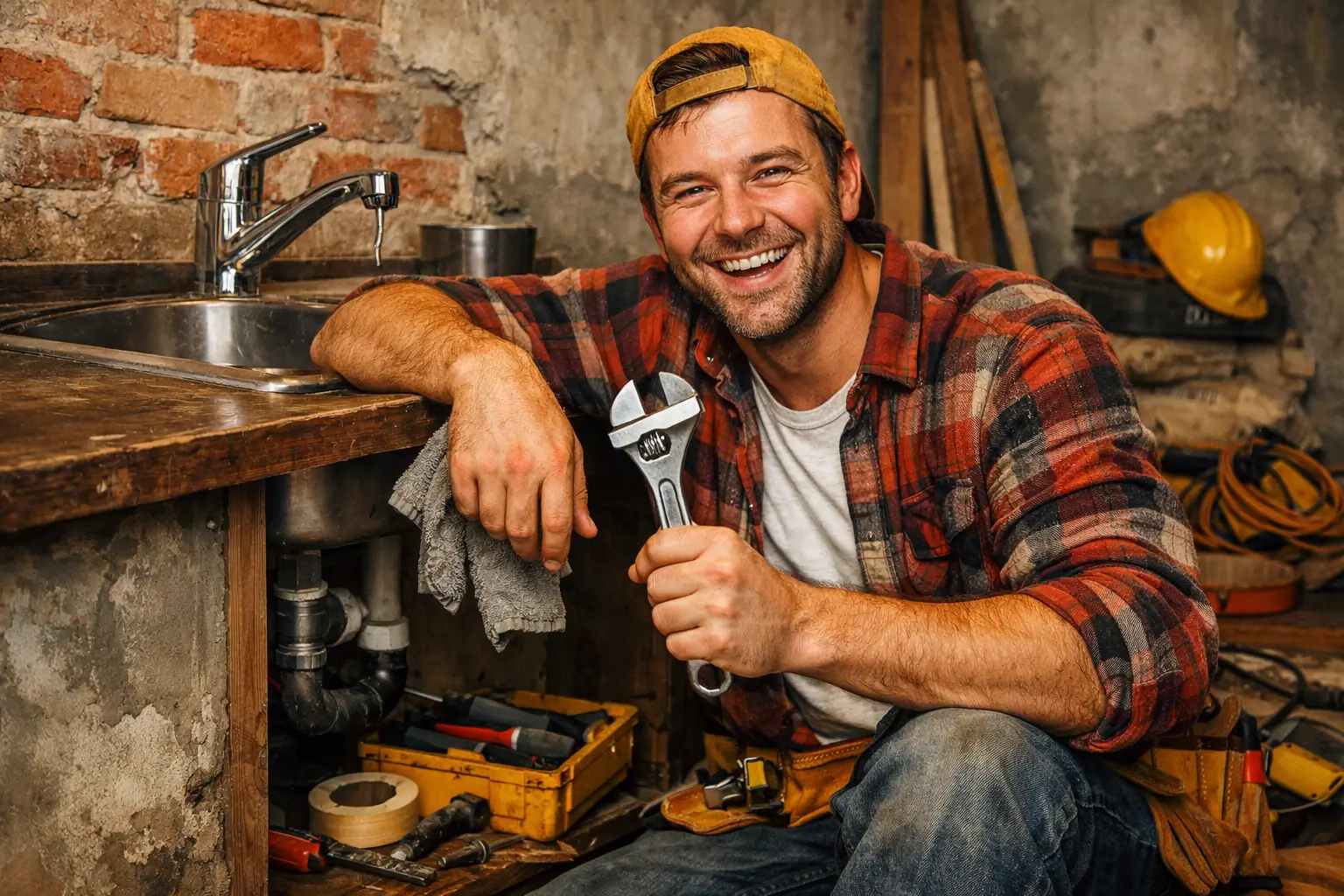 man fixing leaking faucet during plumbing repair