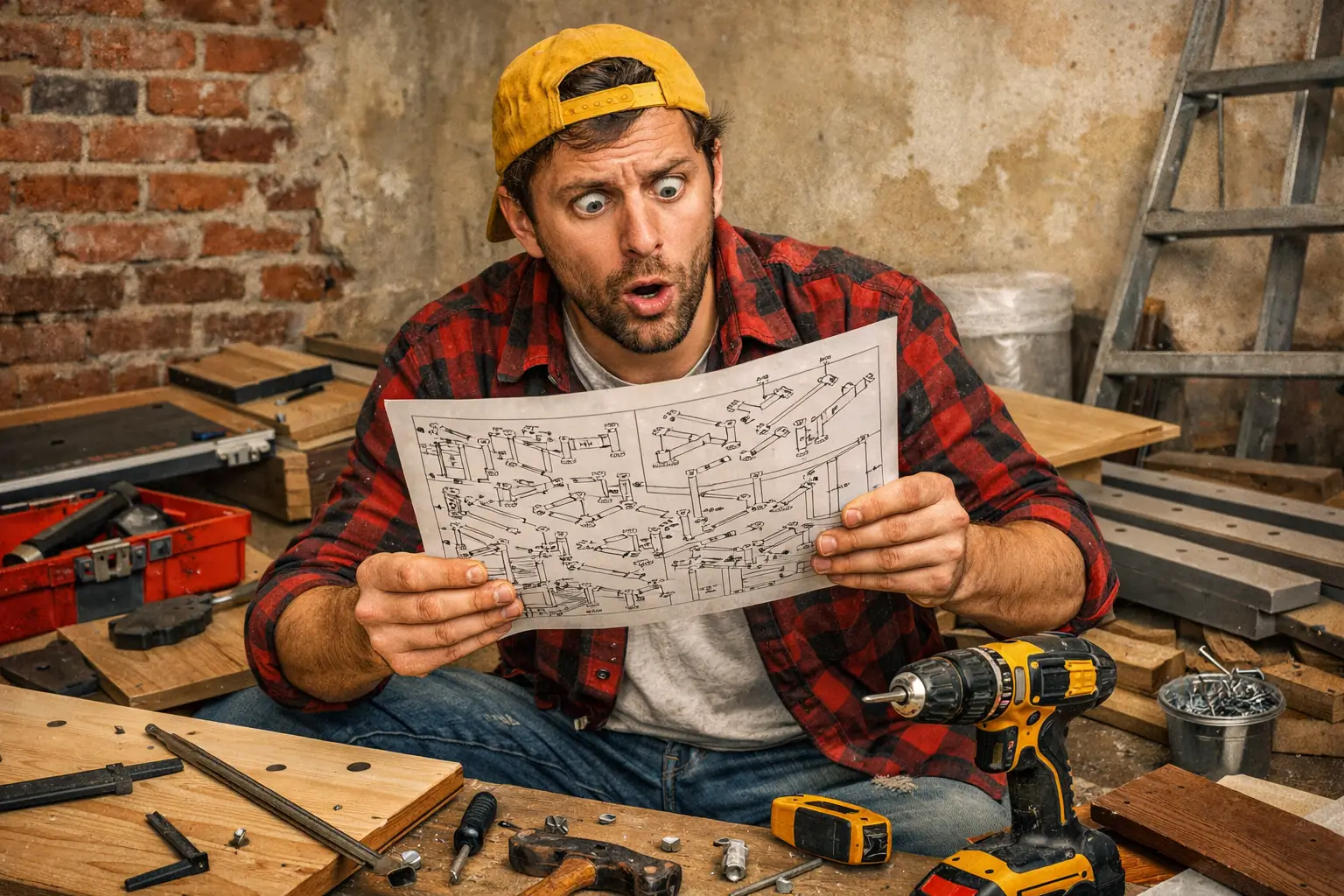 person confused by furniture assembly instructions