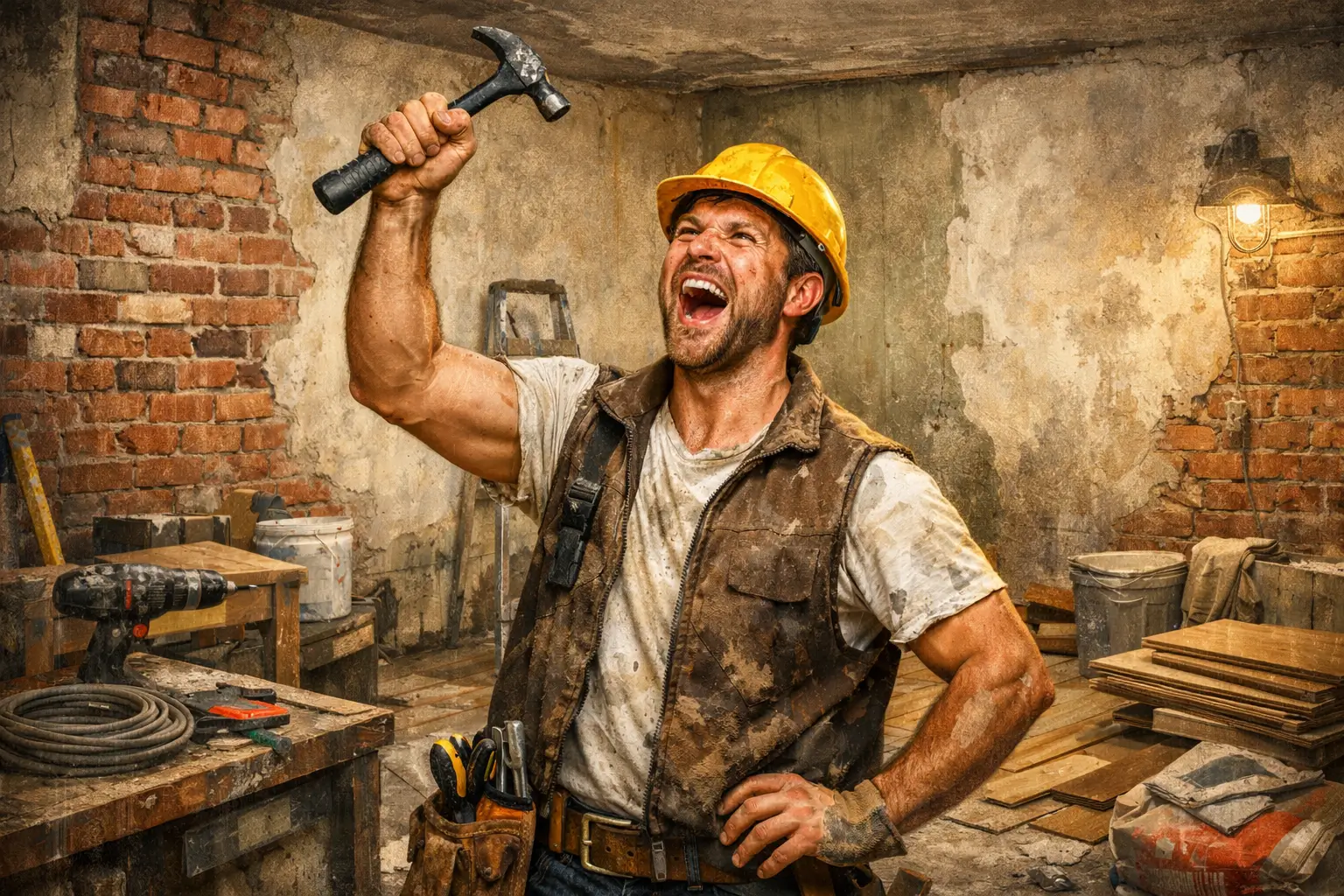 builder proudly holding hammer after finishing repair