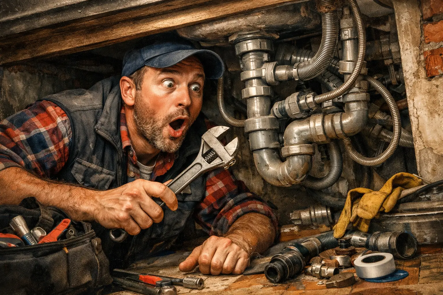 plumber surprised looking at pipes under sink during repair