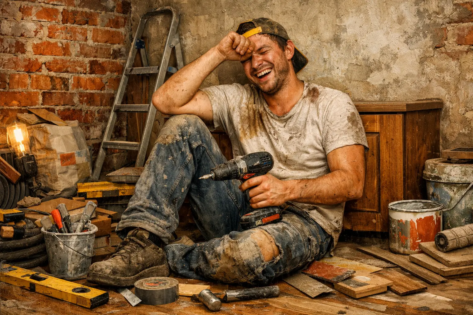 tired man sitting among tools after home renovation