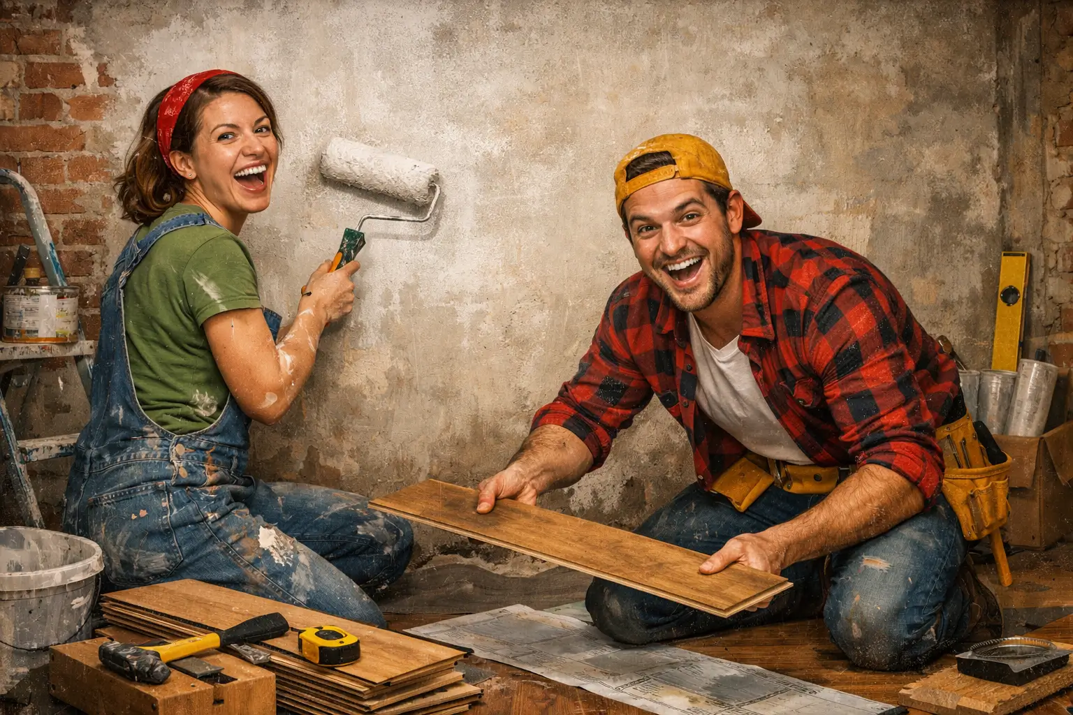 couple measuring wall with tape during home renovation planning