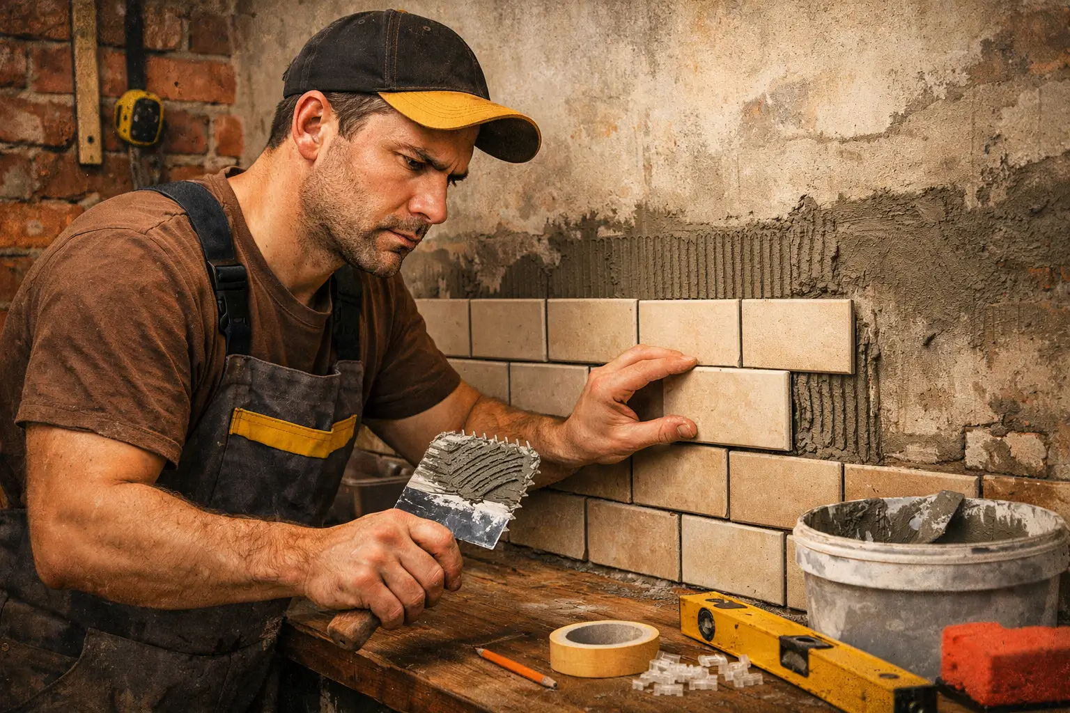 worker installing ceramic tiles on kitchen wall