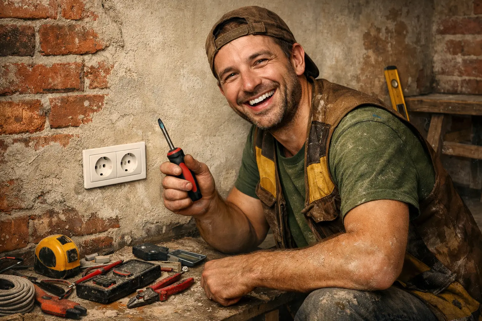 man installing electrical socket in wall during renovation