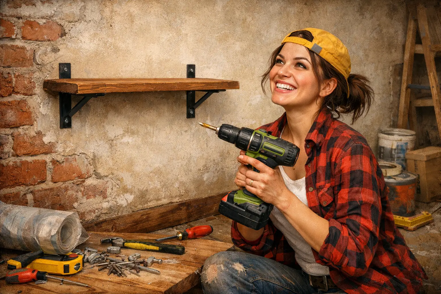 woman using drill to install shelf on wall