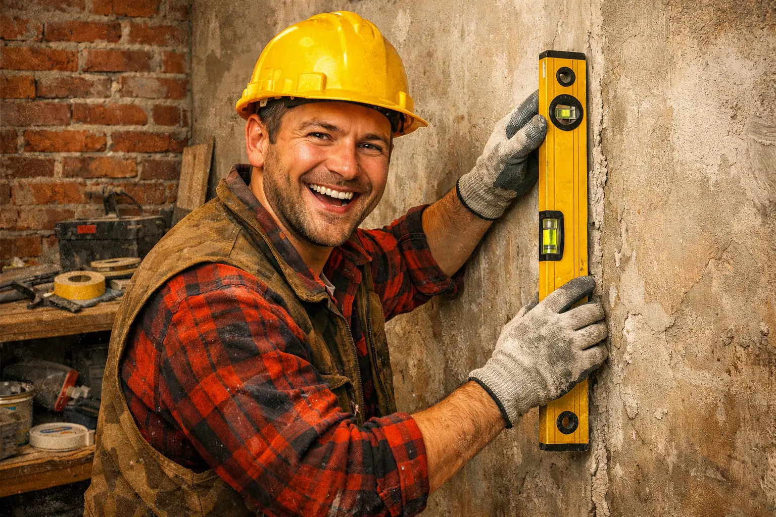 builder checking wall level with construction tool