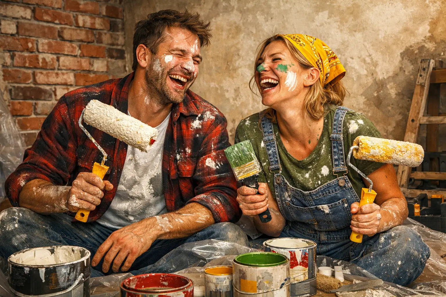 couple laughing while painting wall during renovation